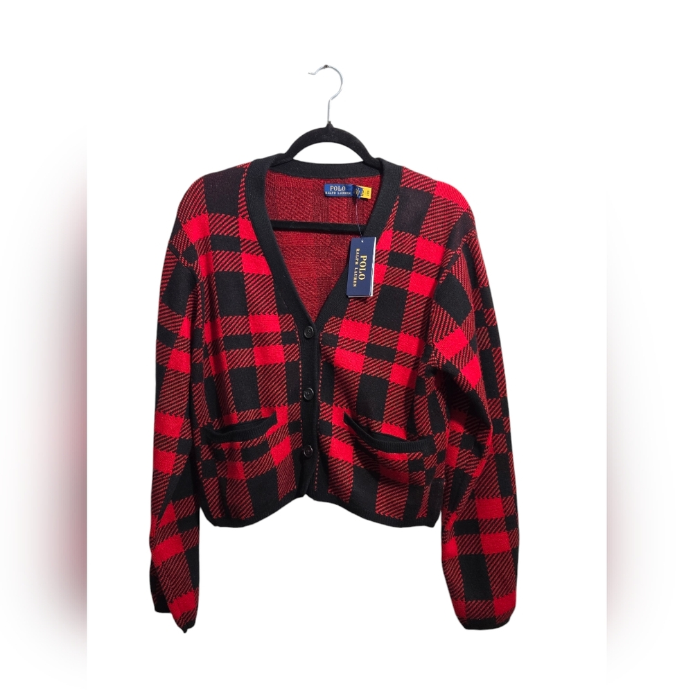 Polo Ralph Lauren Black Tartan Plaid Wool Cropped Cardigan Red V-Neck Women Sz S
